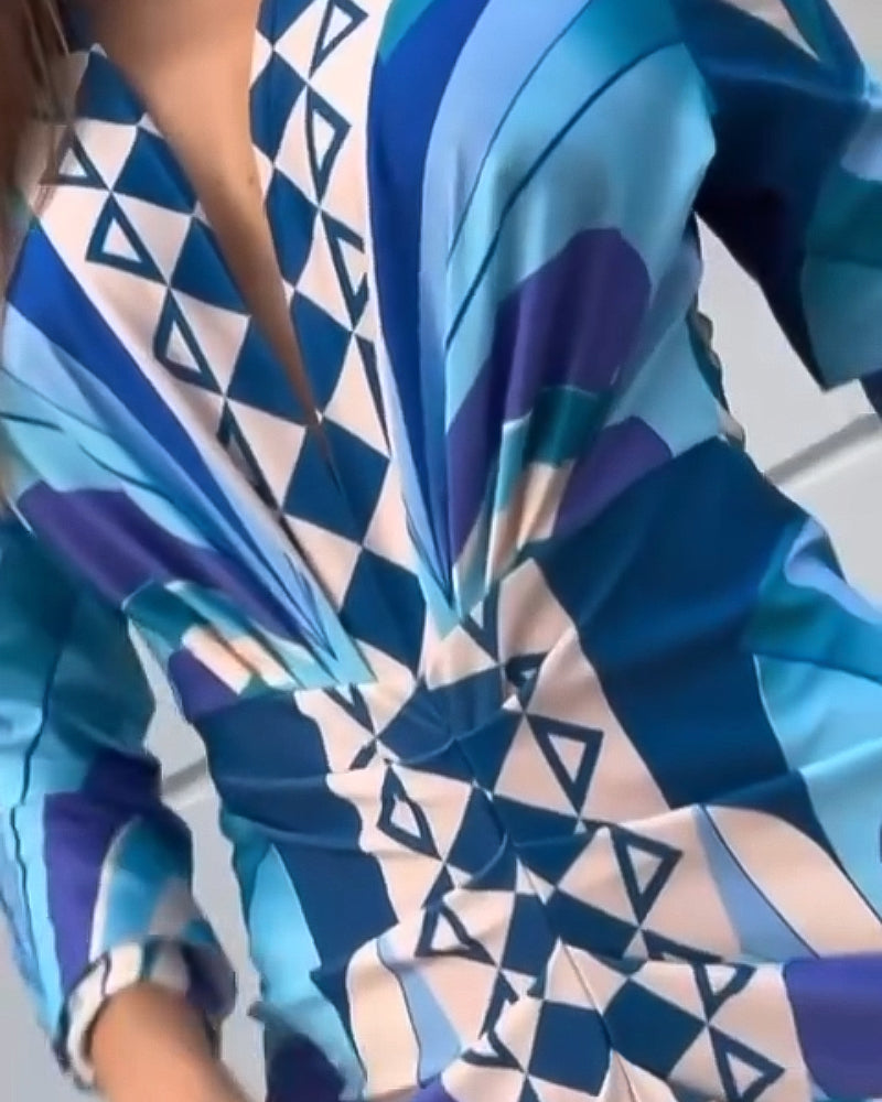 Geometric Print Plunge V Neck Long Sleeve Bodycon Midi Dress Casual Slim Fit Ruched Slit Dress