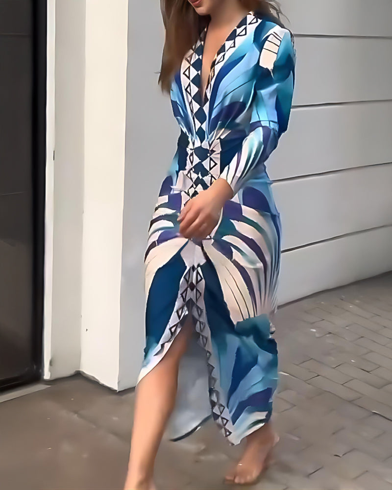 Geometric Print Plunge V Neck Long Sleeve Bodycon Midi Dress Casual Slim Fit Ruched Slit Dress