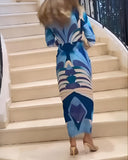 Geometric Print Plunge V Neck Long Sleeve Bodycon Midi Dress Casual Slim Fit Ruched Slit Dress