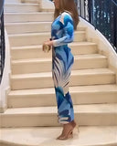 Geometric Print Plunge V Neck Long Sleeve Bodycon Midi Dress Casual Slim Fit Ruched Slit Dress