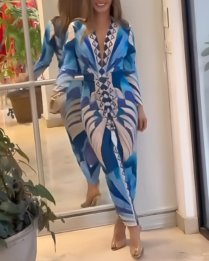 Geometric Print Plunge V Neck Long Sleeve Bodycon Midi Dress Casual Slim Fit Ruched Slit Dress