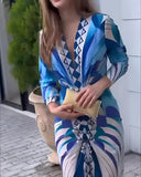 Geometric Print Plunge V Neck Long Sleeve Bodycon Midi Dress Casual Slim Fit Ruched Slit Dress