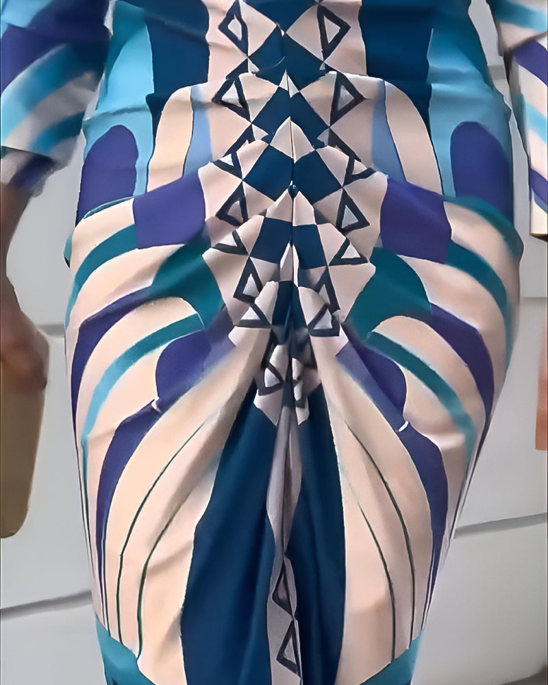 Geometric Print Plunge V Neck Long Sleeve Bodycon Midi Dress Casual Slim Fit Ruched Slit Dress