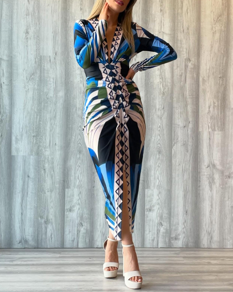 Geometric Print Plunge V Neck Long Sleeve Bodycon Midi Dress Casual Slim Fit Ruched Slit Dress
