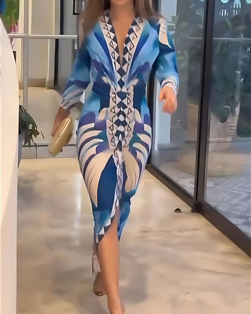 Geometric Print Plunge V Neck Long Sleeve Bodycon Midi Dress Casual Slim Fit Ruched Slit Dress