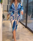 Geometric Print Plunge V Neck Long Sleeve Bodycon Midi Dress Casual Slim Fit Ruched Slit Dress