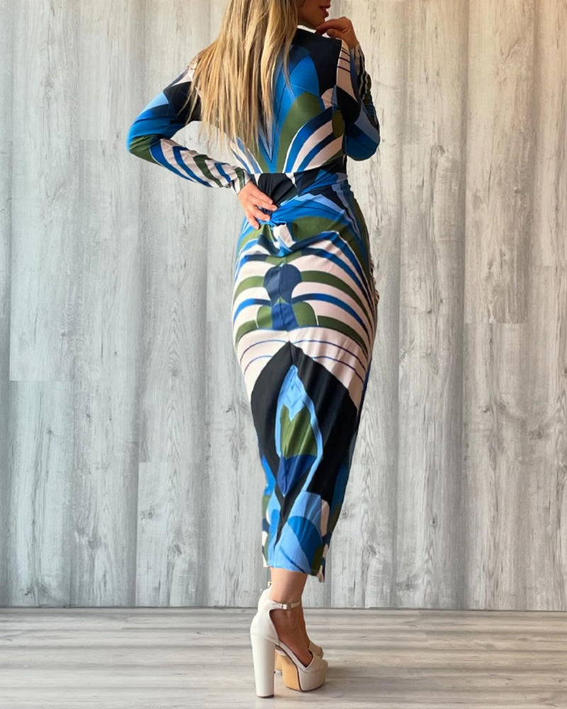 Geometric Print Plunge V Neck Long Sleeve Bodycon Midi Dress Casual Slim Fit Ruched Slit Dress