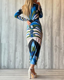 Geometric Print Plunge V Neck Long Sleeve Bodycon Midi Dress Casual Slim Fit Ruched Slit Dress