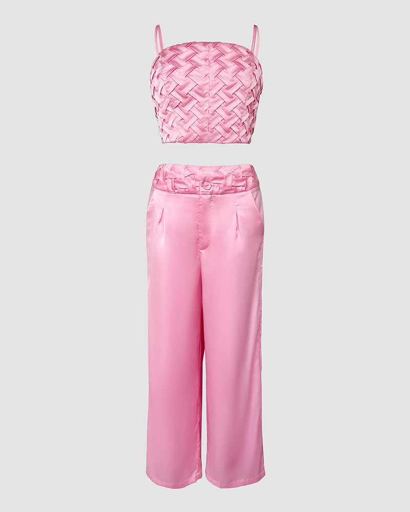 2 Pieces Outfit Weaving Textured Spaghetti Strap Crop Top and Casual Wide Leg Pants Set