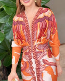 Vintage Baroque Long Sleeve Plunge V Neck Bodycon Dress Sexy Slim Fit Midi Dress