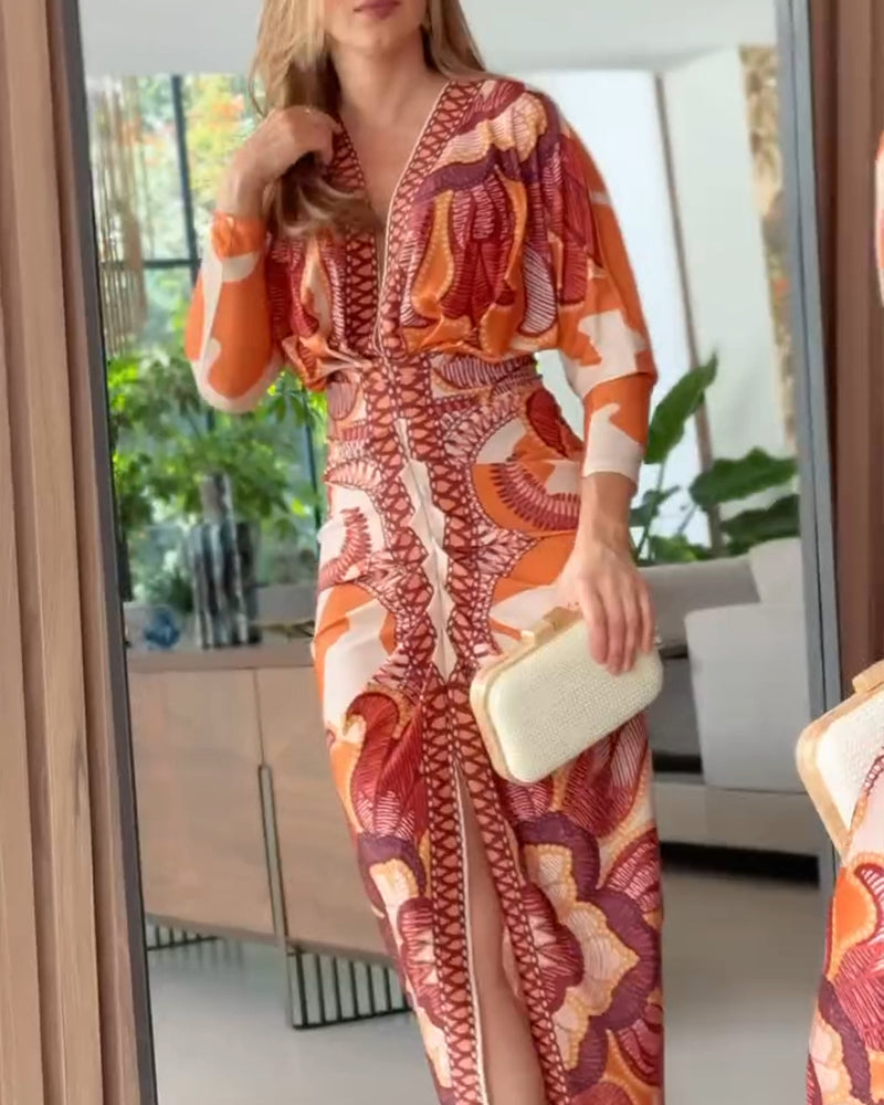 Vintage Baroque Long Sleeve Plunge V Neck Bodycon Dress Sexy Slim Fit Midi Dress