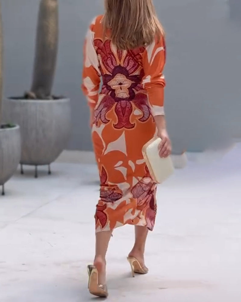 Vintage Baroque Long Sleeve Plunge V Neck Bodycon Dress Sexy Slim Fit Midi Dress