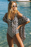 Black Stripe Print Loose Fit Open Front Beach Cover Up