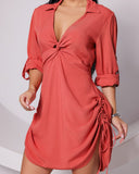 Turn down Collar Twist Shirt Dress Casual Drawstring Roll Up Sleeve Mini Dress