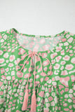 Green Plus Size Floral Tassel Tie Split Neck Puff Sleeve Blouse