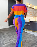 Rainbow Stripe Print Short Sleeve Top and Casual Striped Pants Set