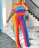 Rainbow Stripe Print Short Sleeve Top and Casual Striped Pants Set