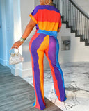 Rainbow Stripe Print Short Sleeve Top and Casual Striped Pants Set