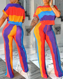 Rainbow Stripe Print Short Sleeve Top and Casual Striped Pants Set
