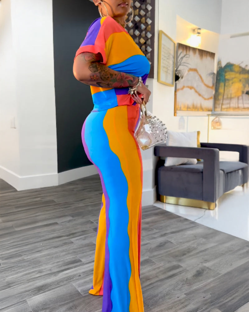 Rainbow Stripe Print Short Sleeve Top and Casual Striped Pants Set