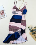 Colorblock Slit Ruffles Irregular Dress