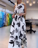 Floral Sleevless Leaves Pattern Maxi Dress Casual Waist Chain Decor Dress (Without Belt)