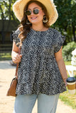 Black Leopard Print Ruffled Short Sleeve Keyhole Back Tiered Flowy Plus Size Blouse