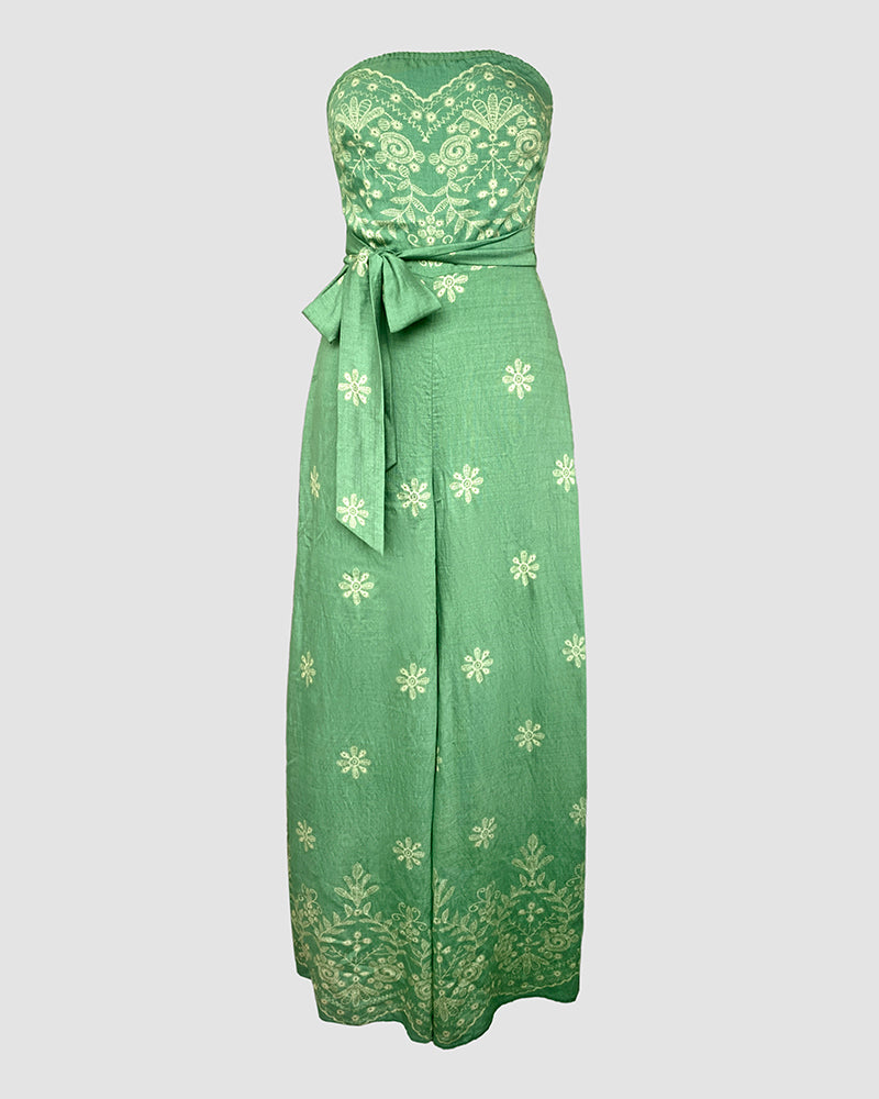 Tribal Print Bandeau Backless Tied Detail Wide Leg Jumpsuit Vacation Overall with Pocket