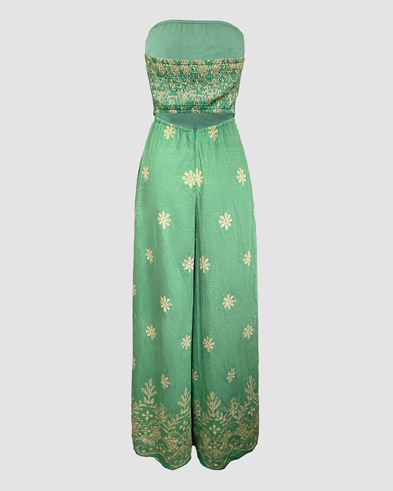 Tribal Print Bandeau Backless Tied Detail Wide Leg Jumpsuit Vacation Overall with Pocket