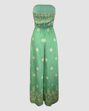 Tribal Print Bandeau Backless Tied Detail Wide Leg Jumpsuit Vacation Overall with Pocket