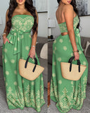 Tribal Print Bandeau Backless Tied Detail Wide Leg Jumpsuit Vacation Overall with Pocket