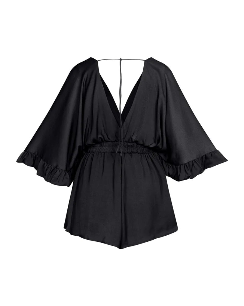 Plunge V Neck Batwing Sleeve Ruffles Elastic Waist Casual Romper(Without Belt)