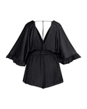 Plunge V Neck Batwing Sleeve Ruffles Elastic Waist Casual Romper(Without Belt)