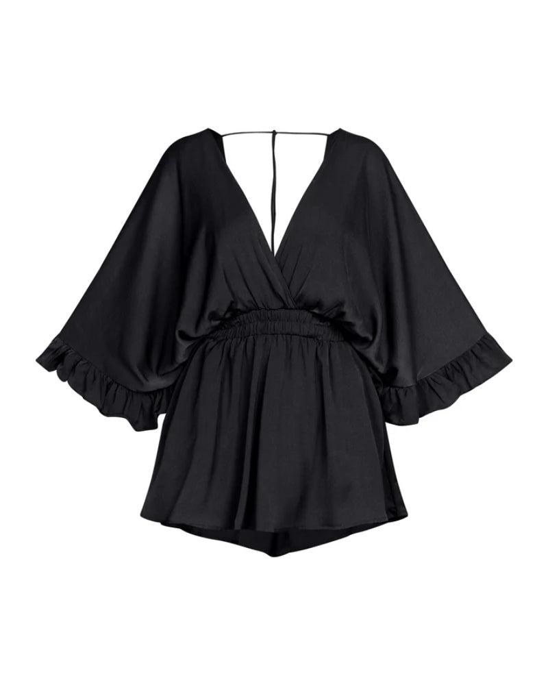 Plunge V Neck Batwing Sleeve Ruffles Elastic Waist Casual Romper(Without Belt)