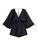 Plunge V Neck Batwing Sleeve Ruffles Elastic Waist Casual Romper(Without Belt)
