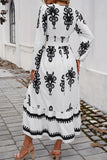 White Ethnic Geometric Print Long Sleeve V Neck Cinched Waist Maxi Dress