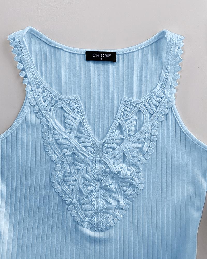 Contrast Lace V Neck Sleeveless Knit Top Casual Slim Fit Tank
