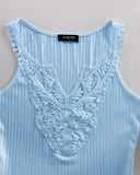 Contrast Lace V Neck Sleeveless Knit Top Casual Slim Fit Tank
