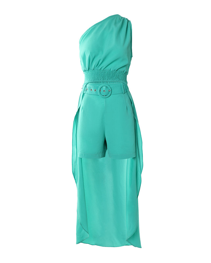 High Low Hem One Shoulder Top & Belted Shorts Set