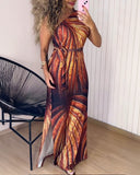Plants Print One Shoulder Sleeveless Dress Tied Detail Slit Dress