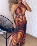 Plants Print One Shoulder Sleeveless Dress Tied Detail Slit Dress