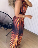 Plants Print One Shoulder Sleeveless Dress Tied Detail Slit Dress
