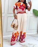 2 Pieces Outfit Tribal Print Round Neck Short Sleeve Top and Casual Wide Leg Pants Set