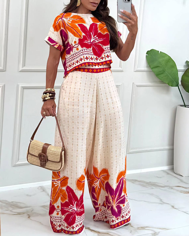 2 Pieces Outfit Tribal Print Round Neck Short Sleeve Top and Casual Wide Leg Pants Set