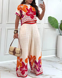 2 Pieces Outfit Tribal Print Round Neck Short Sleeve Top and Casual Wide Leg Pants Set