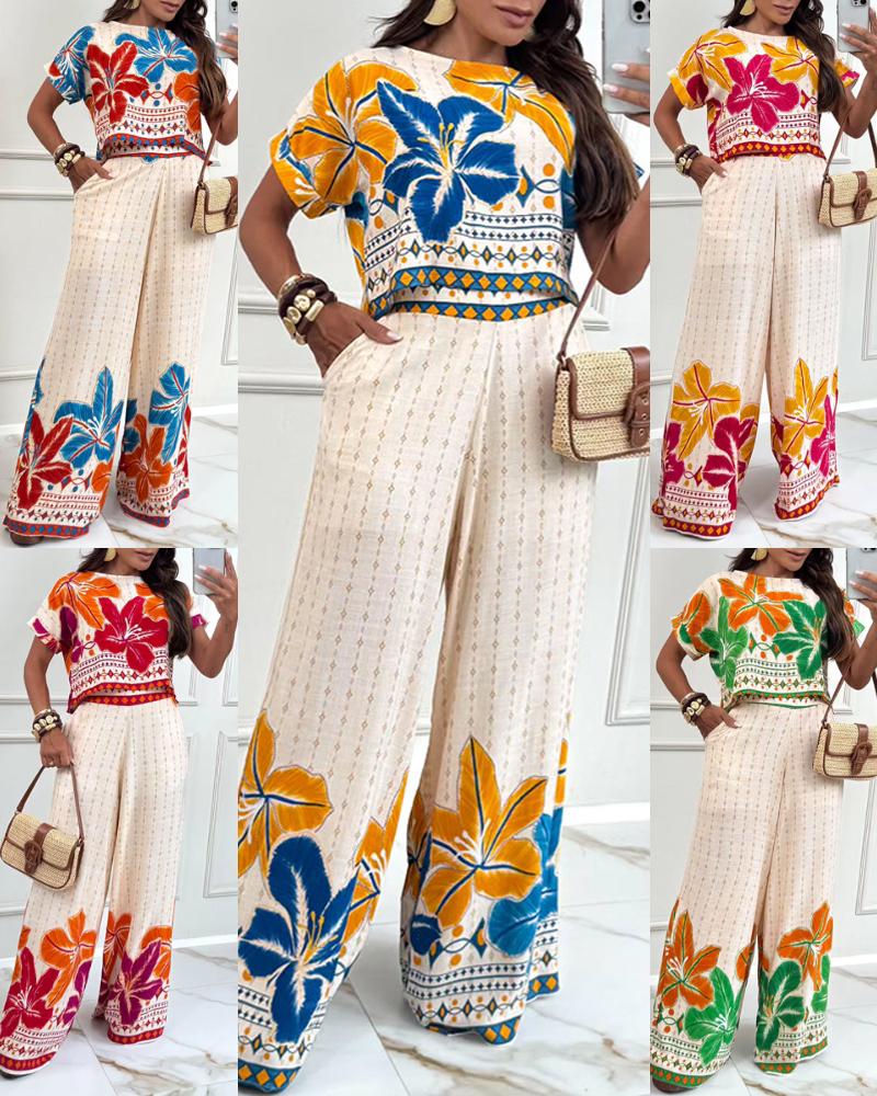 2 Pieces Outfit Tribal Print Round Neck Short Sleeve Top and Casual Wide Leg Pants Set