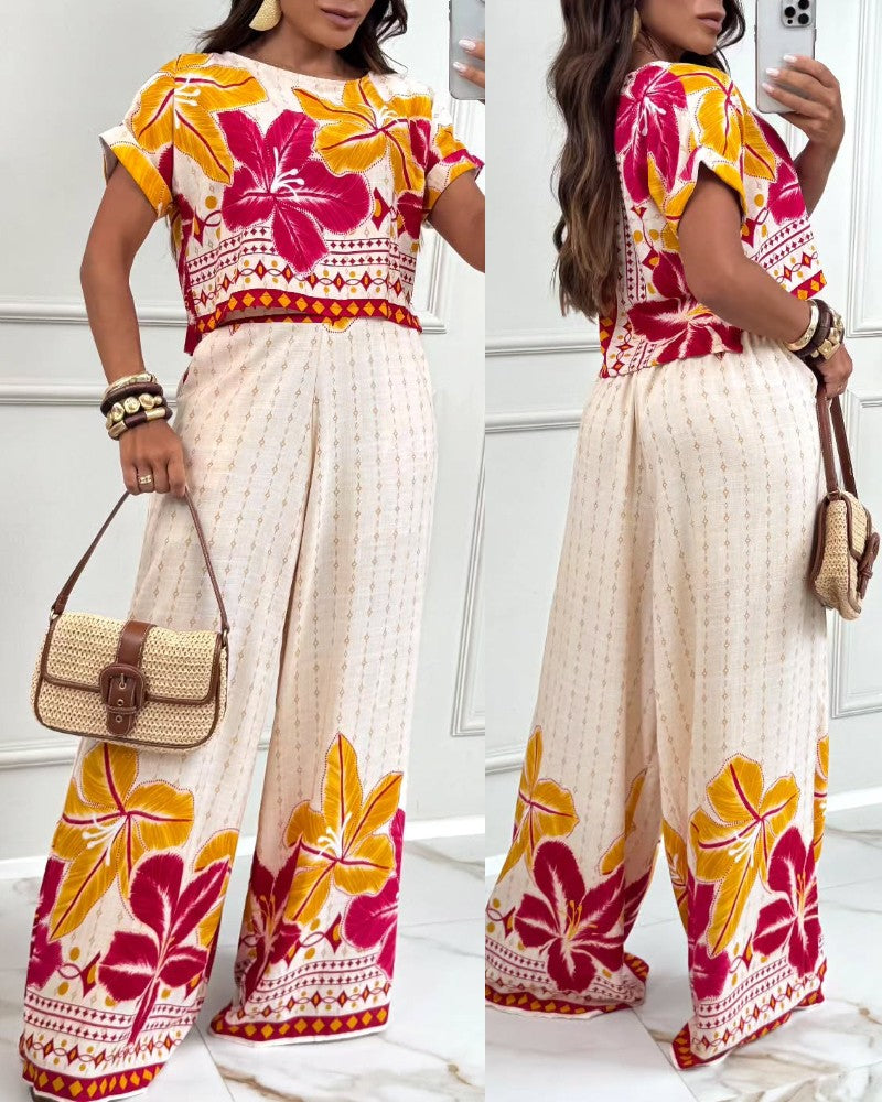 2 Pieces Outfit Tribal Print Round Neck Short Sleeve Top and Casual Wide Leg Pants Set