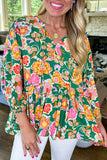 Green Floral Tied V Neck Long Sleeve Plus Size Babydoll Top