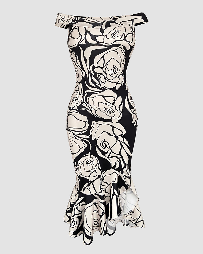 Floral Print Off Shoulder Bodycon Dress Ruffle Hem Slim Fit Dress
