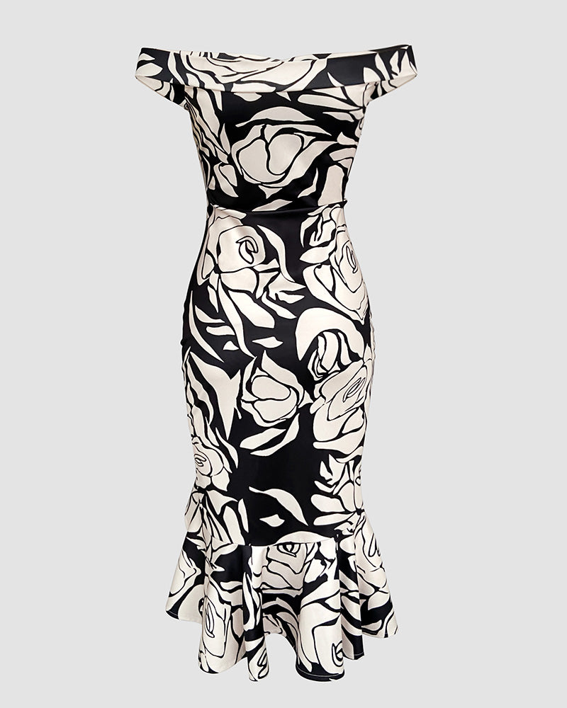 Floral Print Off Shoulder Bodycon Dress Ruffle Hem Slim Fit Dress